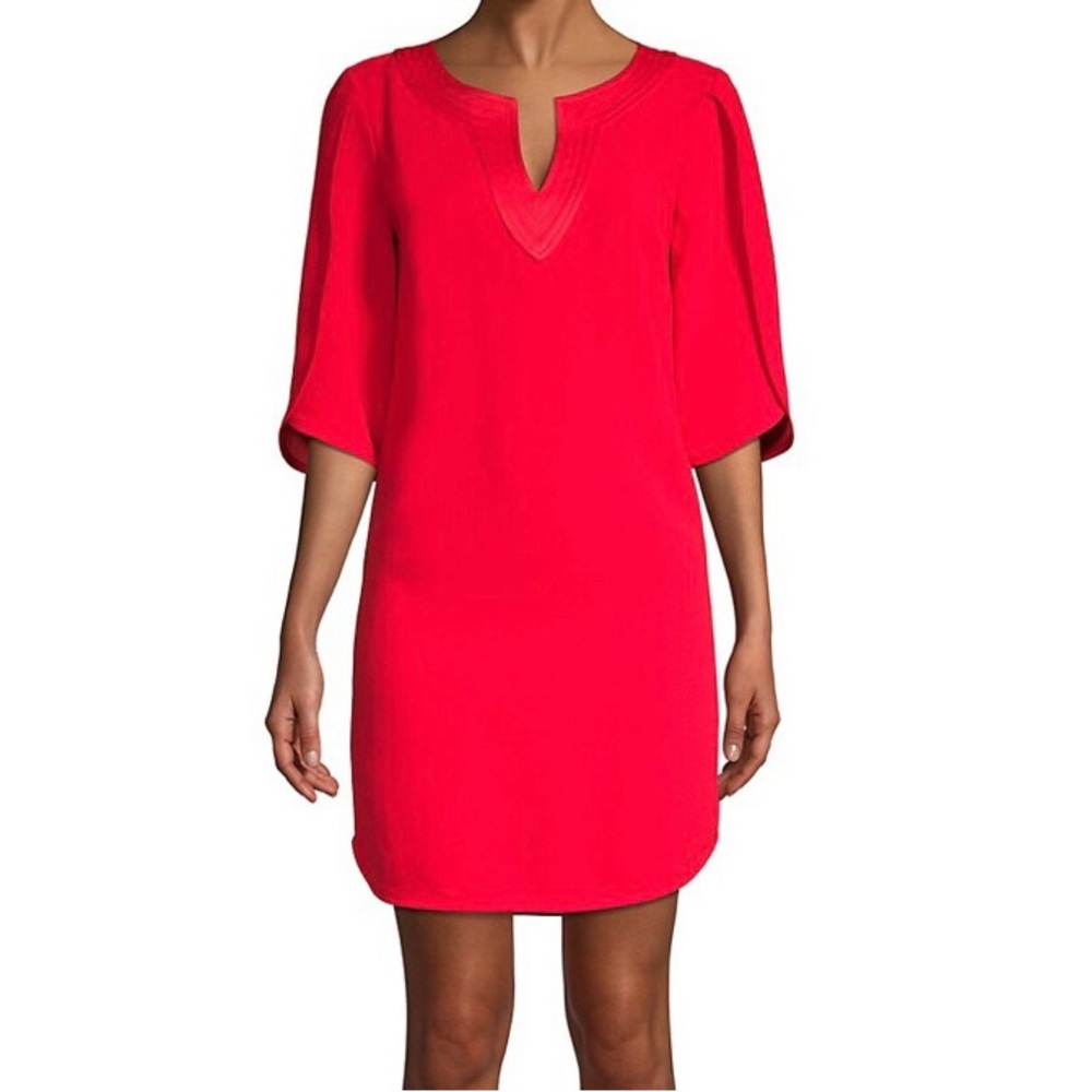 Trina Turk Clairette Red V Neck Shift Dress with Tulip Sleeves